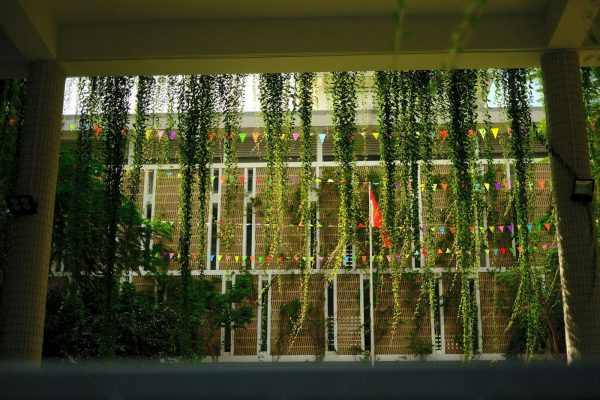 Building facade with hanging plants and bunting